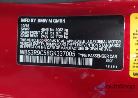 2016 BMW M4 z USA, uszkodzony, nr VIN WBS3R9C58GK337005